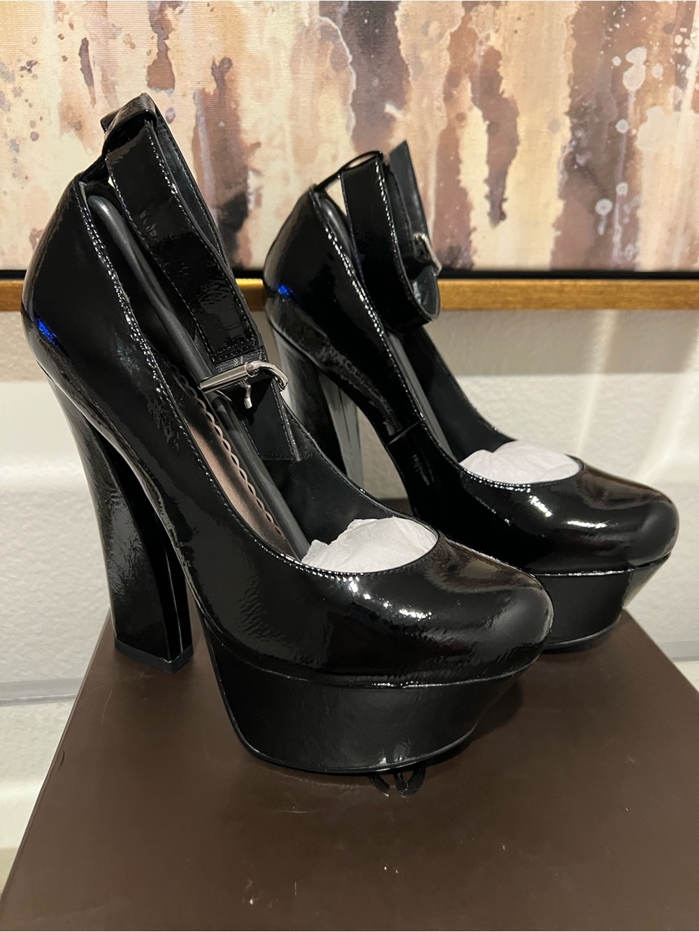 bebe Vanessa 
Black Patent Platform Mary Jane High Heels